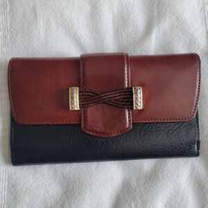 Vintage Brighton Brown And Black Leather Wallet Large Woven Embellishment